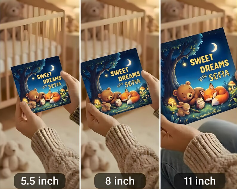 May include: A children's book titled "Sweet Dreams little Sofia" with a blue cover featuring a bear, fox, and bunny sleeping under a tree. The book is held in front of a blurred background, with sizes of 5.5, 8, and 11 inches.