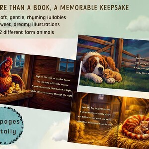 May include: A children's book with illustrations of farm animals. The book features rhyming lullabies and sweet illustrations. The book has 30 pages and includes images of a hen with chicks, a dog with a puppy, and cats.