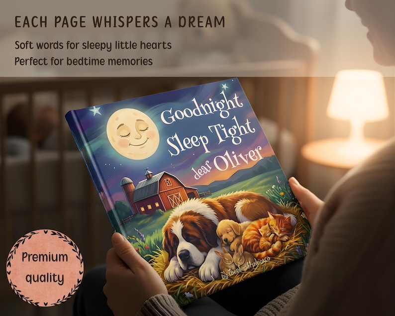 May include: A children's book titled "Goodnight Sleep Tight dear Oliver" featuring a whimsical illustration of a sleeping Saint Bernard dog, puppies, and a cat under a smiling moon. The cover also shows a red barn. The text on the cover reads "Each page whispers a dream."