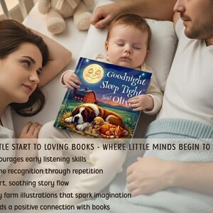 May include: A baby lies between two adults, holding a children's book titled "Goodnight Sleep Tight dear Olive." The book cover features a dog, kittens, a barn, and a smiling moon. The text below the image reads: "A gentle start to loving books."