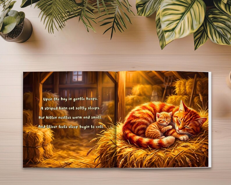 May include: A children's book illustration depicts a barn scene with a sleeping orange tabby cat and kitten nestled in hay. The text reads, "Upon the hay in gentle heaps. A striped barn cat softly sleeps. Her kitten nestles warm and small."