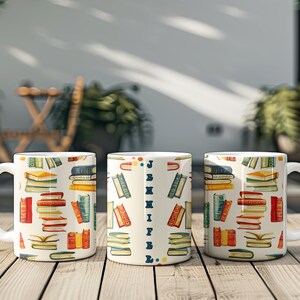 May include: Three white ceramic mugs with a pattern of colorful stacked books. The middle mug has the name "Jennifer" written vertically on the side.