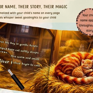 May include: A children's book illustration featuring a cozy scene with a mother cat and kitten nestled in hay. The text reads "Their Name, Their Story, Their Magic" and "Your child's name appears throughout the story."