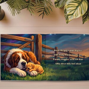 May include: A children's book illustration depicts a large brown and white dog lying in green grass next to a wooden fence. A smaller, golden puppy sleeps beside the larger dog. Text on the page reads: "Beside the gate a papa dog lies."