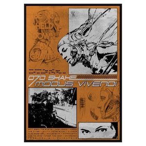 May include: A black and white poster with a futuristic design. The poster features a woman with a robotic head and the text "070 SHAHE MODUS VIVENDI".