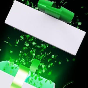 以下が含まれることがあります： 黒い背景に、緑のリボンとパーティーグッズが付いた白いギフトボックス。緑色の紙吹雪が箱から落ち、お祝いの雰囲気を醸し出しています。