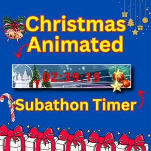 Peut inclure: Graphique bleu avec les mots "Christmas Animated" en jaune. Une minuterie affiche l'heure 02:39:19. Les mots "Subathon Timer" sont également en jaune. Des décorations et des boîtes cadeaux sur le thème de Noël sont également présentes.