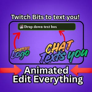 Puede incluir: Un gráfico púrpura con el texto "Twitch Bits to text you!" y "Animated Edit Everything". La imagen incluye un cuadro de texto con las palabras "Drop down text box" y las palabras "CHATERS Logo" y "CHAT Texts you."