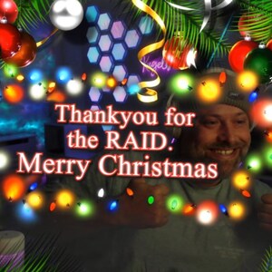 May include: A Christmas-themed image with a man giving a thumbs up, framed by baubles and fairy lights. The text reads "Thank you for the RAID: Merry Christmas."