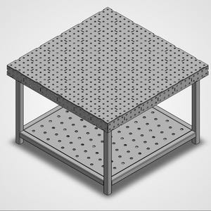 May include: A gray metal work table with a perforated top and a lower shelf. The table has a square shape and is supported by four legs. The top and shelf are covered in evenly spaced holes. The table is designed for industrial or workshop use.