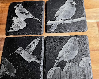 Laser engraved Bird slate coasters - set of 4 with matching 3d printed holder