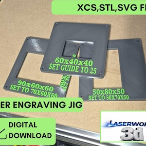 May include: Gray laser engraving jigs with green text indicating dimensions and settings. The jigs are labeled with measurements such as 60x40x40 and 90x60x60, and include the text "SET GUIDE TO 25" and "SET TO 70X60X60". The image also includes the text "LASER ENGRAVING JIG" and "DIGITAL DOWNLOAD".