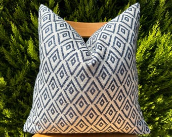 Navy Blue & Off White Diamond Pillow Cover: Geometric Linen Pillowcase, Decorative Cushion for Sofa or Bed