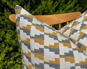 Mustard Grey Unique Design Pillow Cover, Geometric Euro Sham 26x26, Modern Textured Throw Pillow for Sofa Decor, Mustard Grey Cushion Cover