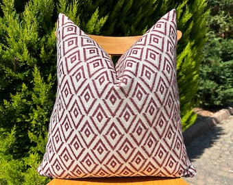 Burgundy White Geometric Cushion Cover, Textured Chic Linen Pillow, Maroon Diamond Cut Throw Pillow, Red Pillowcase, King Size Euro Sham