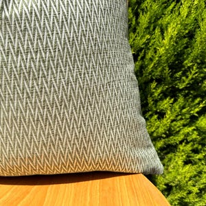 May include: A green and white chevron patterned throw pillow on a wooden surface.