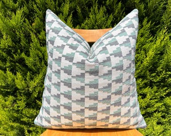 Green Gray Textured Cushion Cover, Geometric Pattern Pillow for Sofa, Green Gray Unique Pillow, Modern Cozy Throw Pillow, Linen Thick Fabric
