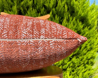 Burnt Orange & White Herringbone Cushion Cover, Cotton Soft Fabric Lumbar Pillow, Brick Color Striped Pillowcase, Boho Design Throw Pillow