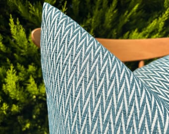 Teal and White Striped Cushion Cover, Herringbone Designer Pillow, Turquoise Modern Throw Pillow, Cotton Sofa Lumbar Pillow, Bed Euro Sham