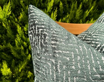 Emerald Green Abstract Lumbar Pillow, Velvet Textured Sofa Cushion Cover, Green White Striped Pillow Sham, Luxury Unique Design Throw Pillow