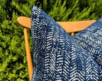 Navy Blue White Herringbone Pillow Cover: Cotton Cushion for Couch, Euro Sham or Lumbar