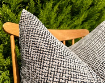 Beige Black Basketweave Throw Pillow Cover, Boho Design Lumbar Pillow, Cotton Textured Cushion, Beige Pillowcase, King Size Euro Sham 26x26