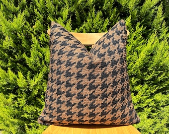 Brown Black Houndstooth Pillow Cover, Boho Decorative Cushion, Accent Lumbar Pillow 22x22, Black Brown Euro Sham for Bed, Heavy Thick Fabric