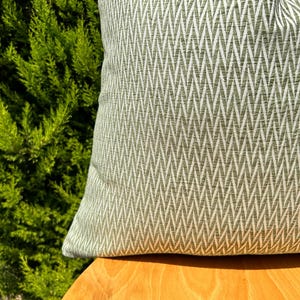 May include: A green and white chevron patterned throw pillow on a wooden surface.