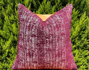 Burgundy & White Herringbone Cotton Pillow Cover: Modern Maroon Throw Cushion for Living Room Decor