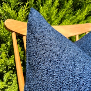 Navy Blue Boucle Throw Pillow Cover, Boucle Textured Cushion for Sofa, Denim Blue Linen Lumbar Pillow 14x24, Luxury Living Room Pillowcase