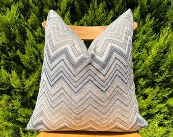Neutral Tone Chevron Throw Pillow Cover, Beige Blue Zigzag Lumbar Pillow, Boho Euro Sham 26x26, Striped Cotton Sofa Cushion, Bohemian Pillow
