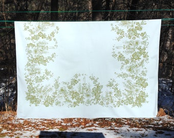 1950s Country French tablecloth, pale blue cotton 65 x 50 with leaves, fountains and lovers