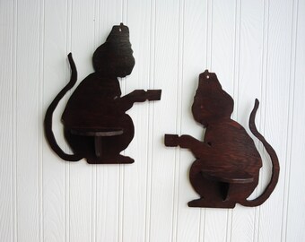 1940s wood monkey shelves, monkeys with tin cup and hat, set of 2, QUIRKY!