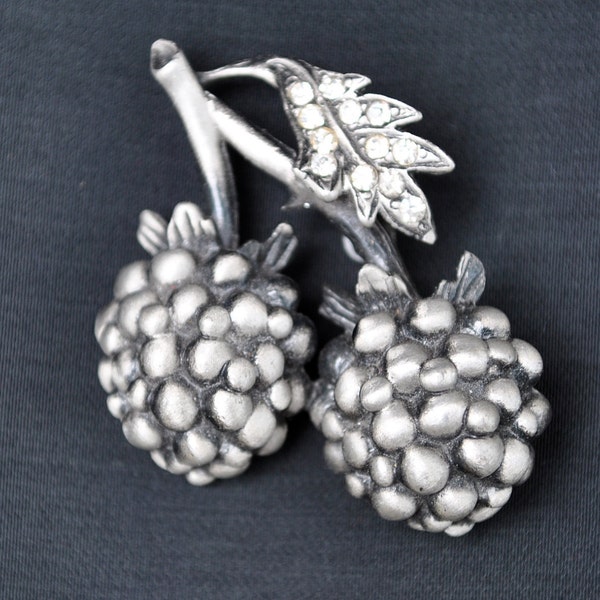 Vintage blackberry brooch pewter with rhinestones fruit pin