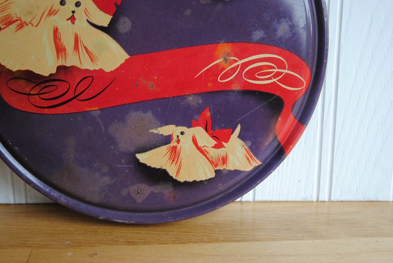 1950s button tin with Maltese dogs, red bows, vintage sewing tin, very different design image 7