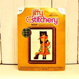 1973 crewel kit Sunset Designs, girl with antique phone, Jiffy Stitchery kit, like new, complete with homespun fabric, wool yarn, 5&quot; x 7&quot;