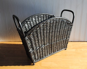 1950s black wicker magazine basket, vintage magazine basket, sturdy!