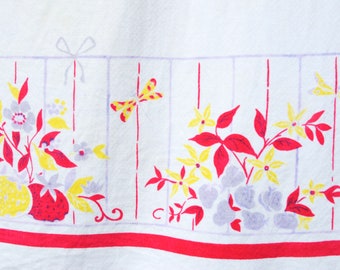 1950s dragonflies & flowers tablecloth, 55" x 47" good condition, 2 holes, yellow and red