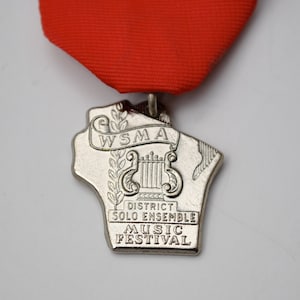 60s Wisconsin music medal, music festival award, medal with red ribbon, solo ensemble music award, WSMA