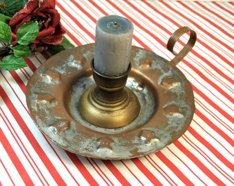 SALE! antique 1920s copper chamberstick candle holder, Egypt copper star design, chamberstick with  finger loop, stars