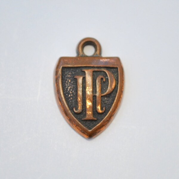 1950s copper JCP monogram charm, J.C. Penney's zipper pull, FREE Shipping, shield shape, JCP monogram, jcp charm