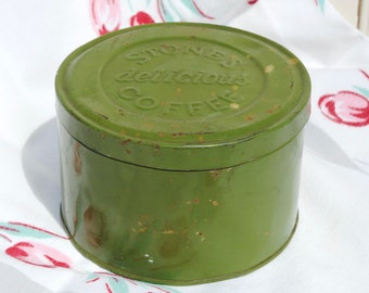 1930s Stones coffee tin, raised letters, 5-1/2" across, nice vintage green coffee tin, round with lid, very usable!