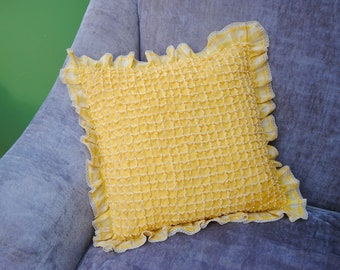 1960s yellow smocked pillow with beads and ruffle, zipper, freshly hand washed, EXCELLENT!