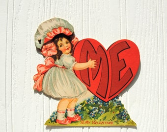 1930s Valentine mechanical, girl with moving bonnet, large heart,  forget me nots