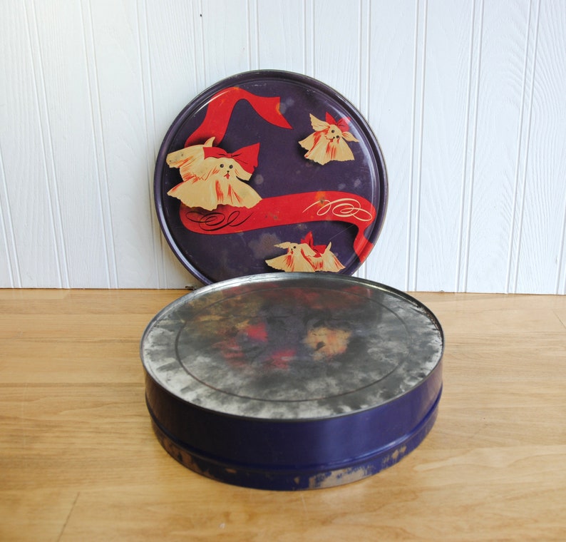 1950s button tin with Maltese dogs, red bows, vintage sewing tin, very different design image 5