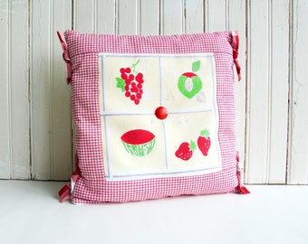 Hand made pillow from vintage fruit tablecloths, red gingham, vintage fabrics
