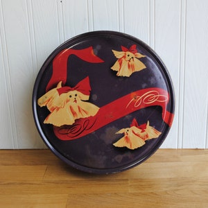 1950s button tin with Maltese dogs, red bows, vintage sewing tin, very different design image 2