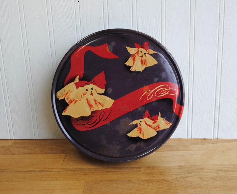 1950s button tin with Maltese dogs, red bows, vintage sewing tin, very different design image 2