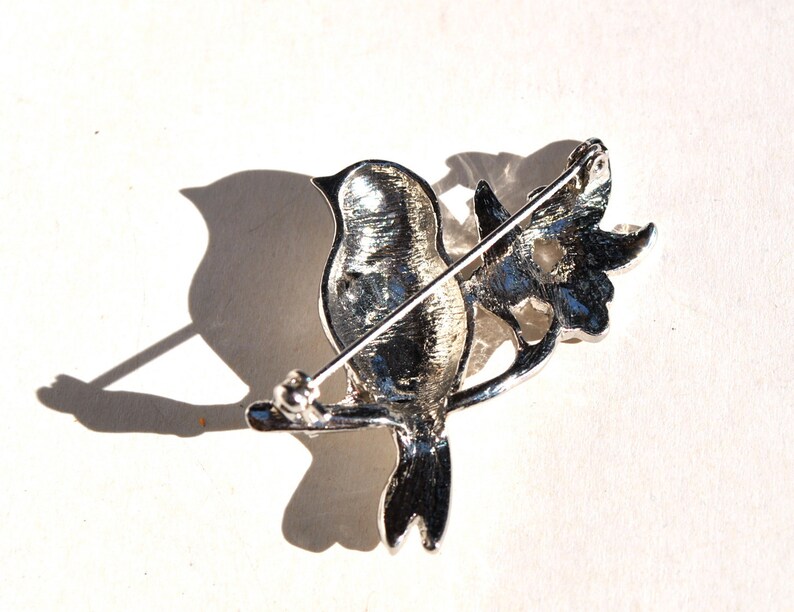 Vintage bird on a branch pin, 1980s brooch with rhinestones image 3