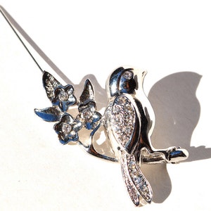 Vintage bird on a branch pin, 1980s brooch with rhinestones image 4